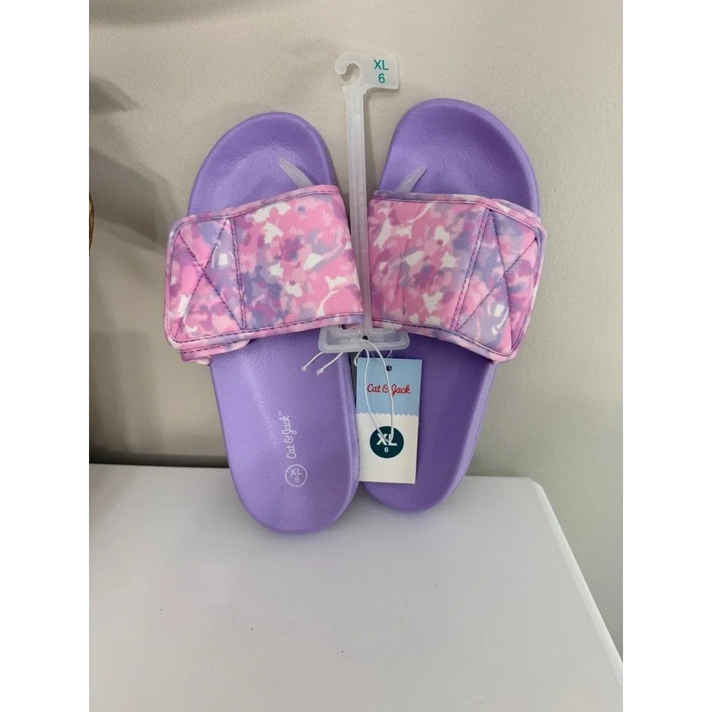 Cat & Jack Slide Sandals Kids XL 6 Purple Pink Camo Adjustable NWT